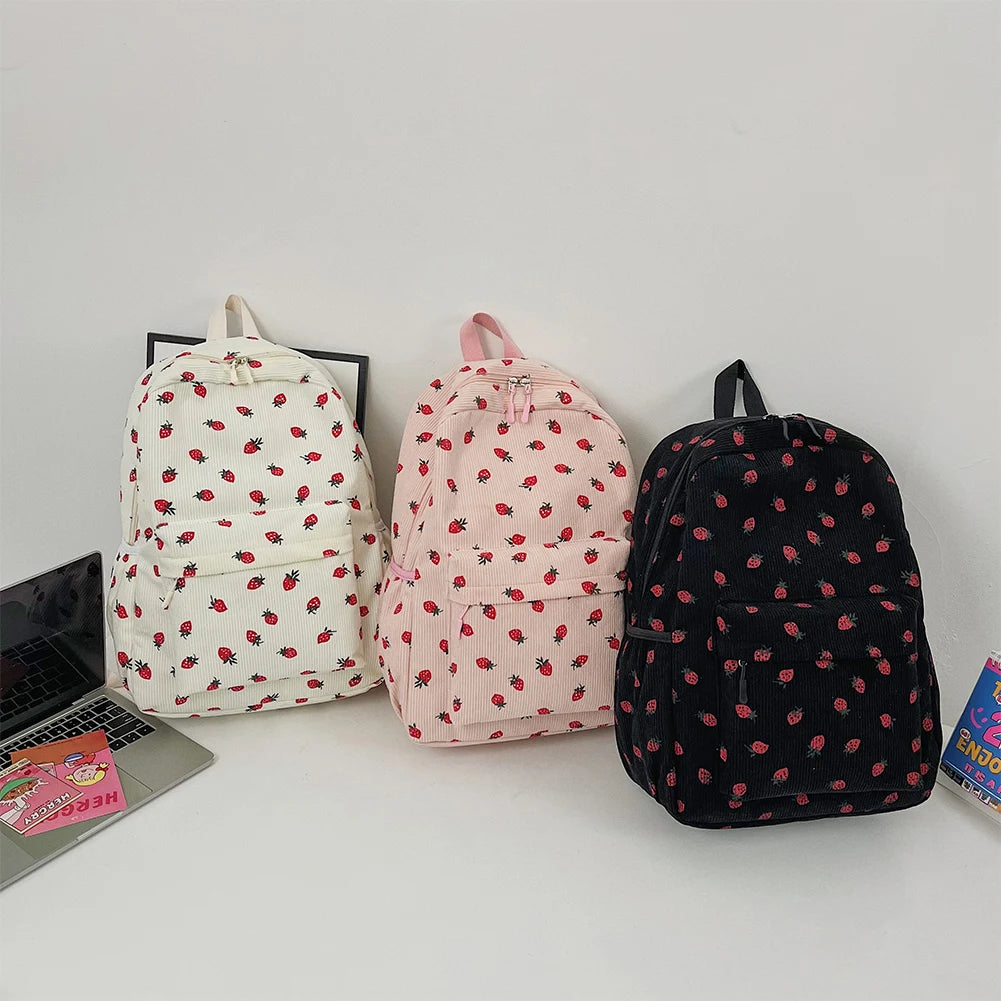 Corduroy Strawberry Backpack – Large-Capacity Student School Bag | Cute Teen Girls Daypack with Adjustable Straps