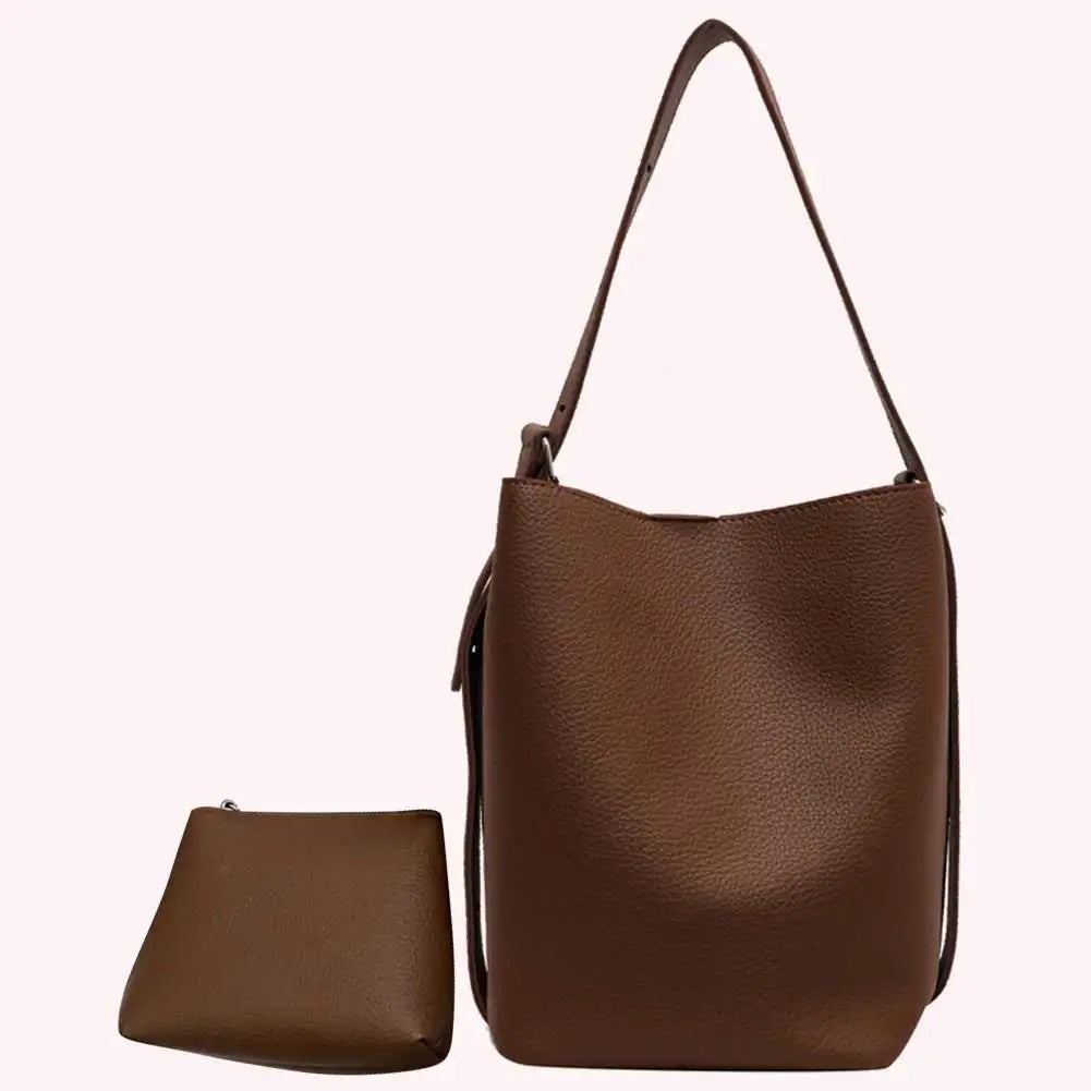 Women’s Large-Capacity Bucket Shoulder Bag with Matching Clutch – Adjustable Strap, Solid Color Minimal Style