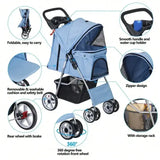 “Blue 4-Wheel Foldable Pet Stroller for Cats & Dogs – Portable Jogger Carrier with Storage Basket”