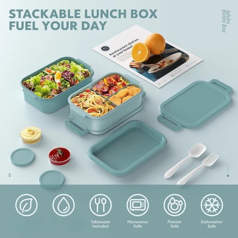 72 oz 3-Layer Stackable Leak-Proof Bento Box – Large Capacity All-in-One Lunch Container with Utensil & Sauce Containers (Green)