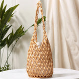Women Woven Wicker Tote Bag – Hollow-Out Wooden Bead Hand-Bag with Canvas Netted Body, Beach & Summer Shoulder Bucket Bag