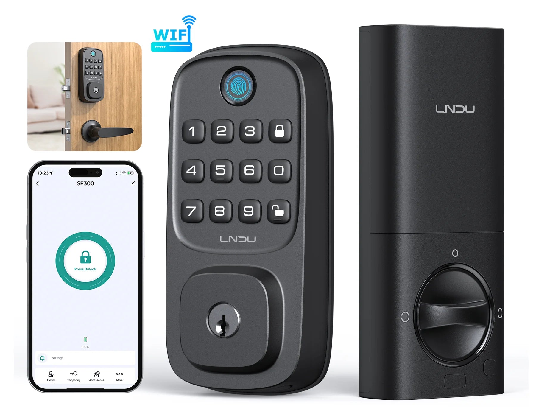 LNDU WL01 Smart Lock – WiFi Entry Deadbolt with Fingerprint, App Control & Rechargeable Battery