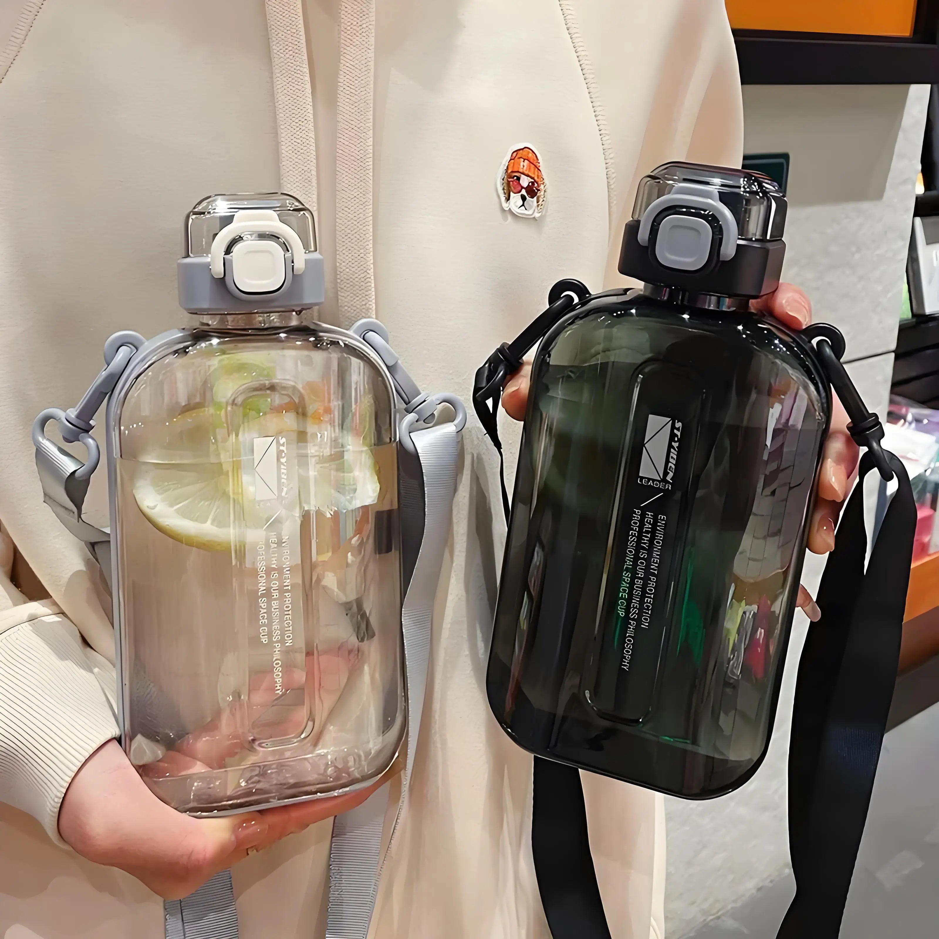 Flat Square Transparent Water Bottle with Adjustable Strap – Slim Travel Canteen for Sport & Camping