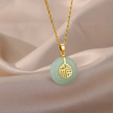 Gold-Color Stainless Steel Round Jade Lucky Necklace for Women & Men – Retro Blessing Pendant 🎁💫
