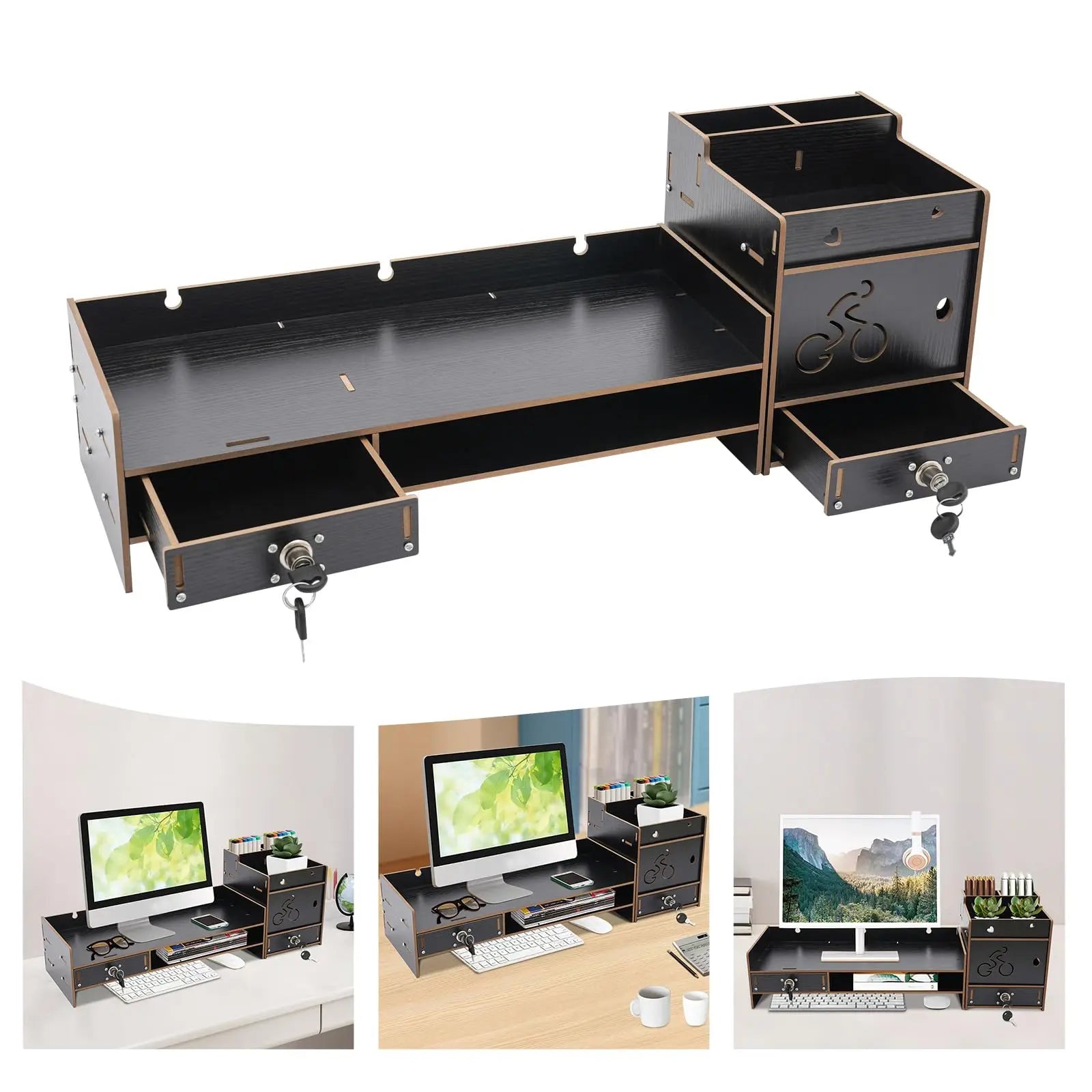 Wooden Computer Monitor Stand with Lockable Drawers – Desk Riser & Organizer Shelf for Office Storage and Workspace Setup
