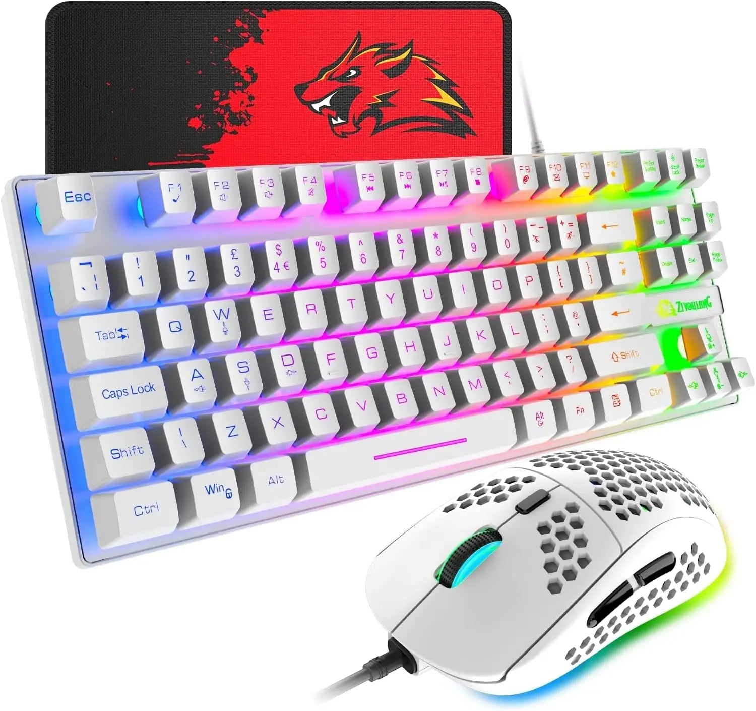 Gaming Keyboard and Mouse Combo – 88-Key Compact Rainbow Backlit Keyboard with RGB 6,400 DPI Honeycomb Lightweight Mouse