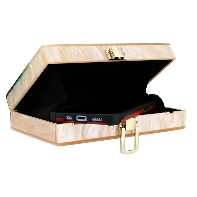 Women’s Striped Acrylic Box Clutch – Trendy Green & Beige Luxury Evening Purse, Casual Cute Handbag for Parties & Special Events