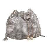 Women’s Luxury Rhinestone Bucket Bag – Glittering Drawstring Shoulder & Crossbody Satchel, Solid Color Fashion Dating Purse