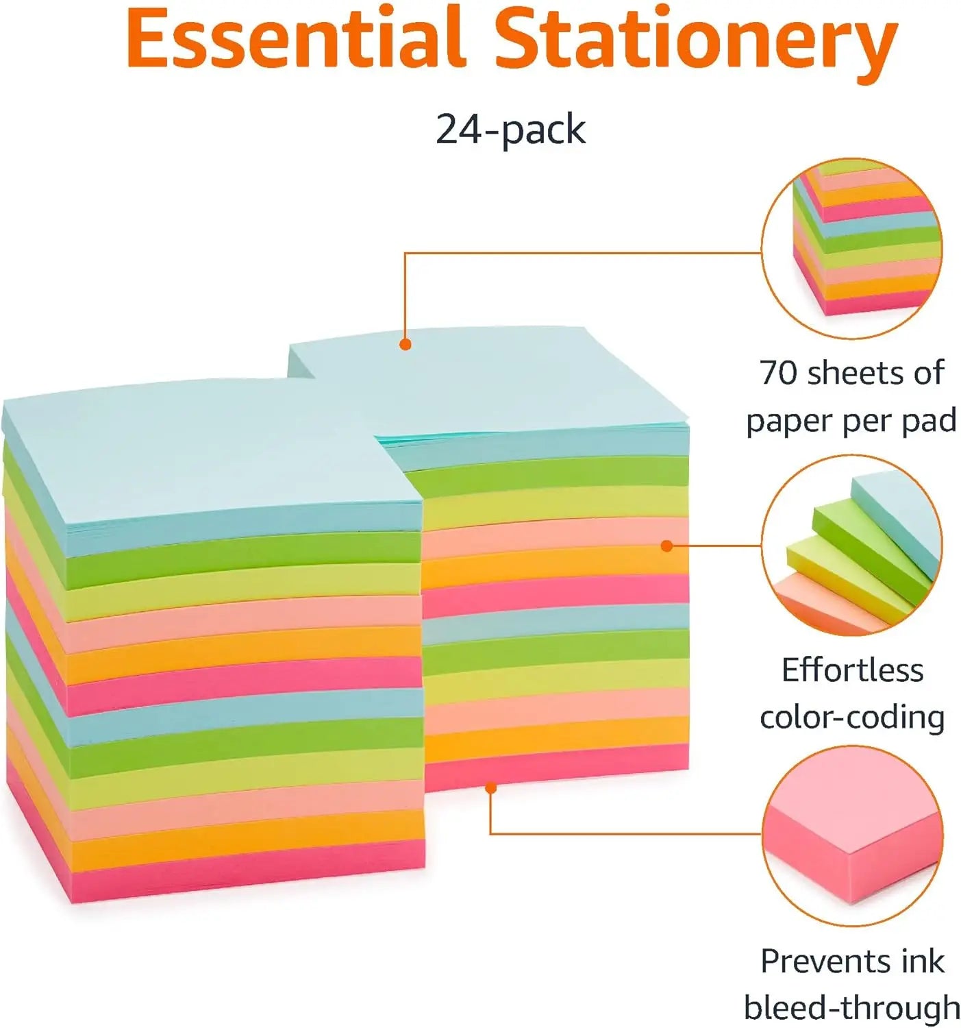 24-Pack Assorted Color Sticky Notes – 3×3 Inch Desk Notes for Office & School 📝🌈
