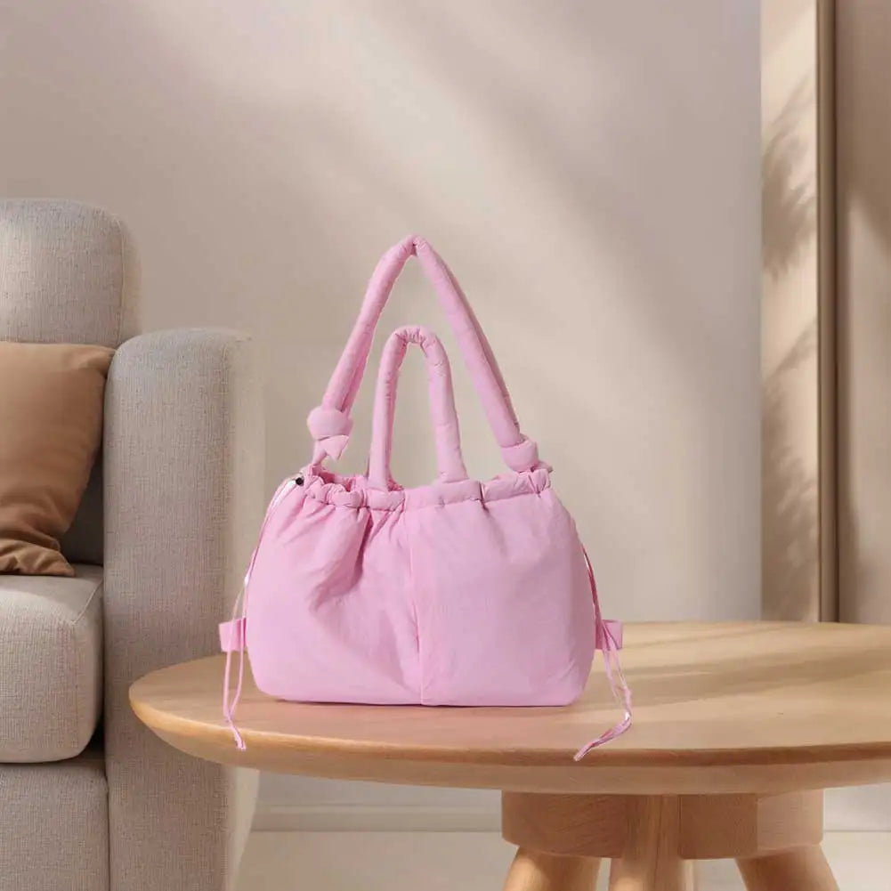 Women’s puffer tote bag – large-capacity nylon puffy handbag with adjustable crossbody strap, solid-color fashion purse for shopping & travel