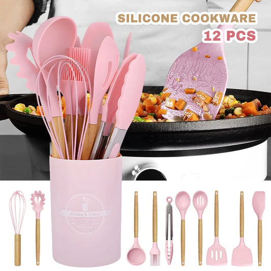 12-Piece Silicone Cooking Utensils Set with Wooden Handles – Non-Stick Spatulas, Spoons & Ladles