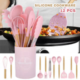 12-Piece Silicone Cooking Utensils Set with Wooden Handles – Non-Stick Spatulas, Spoons & Ladles
