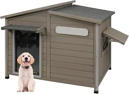 Outdoor Dog House for Summer – Weatherproof Wooden Kennel with Chew-Proof Iron Frame, Removable Floor & Adjustable Vent