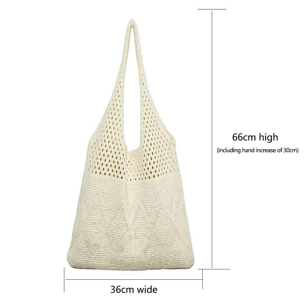 Wool-Knitted Shoulder Shopping Bag for Women – Vintage Cotton Cloth Tote, Large Crochet-Style Shopper Handbag