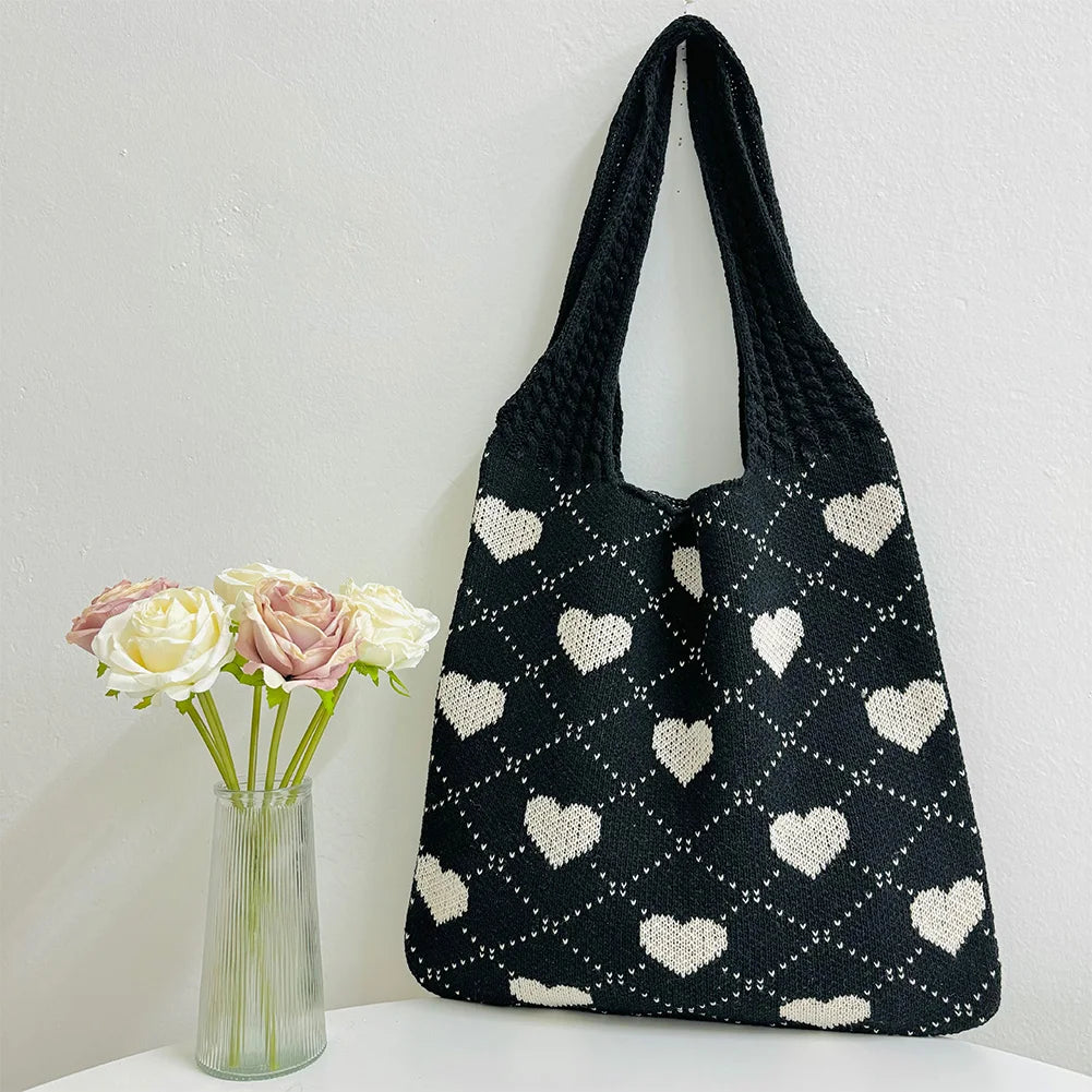 Heart-Pattern Large Capacity Tote Bag – Solid-Colour Shoulder Bag for Women