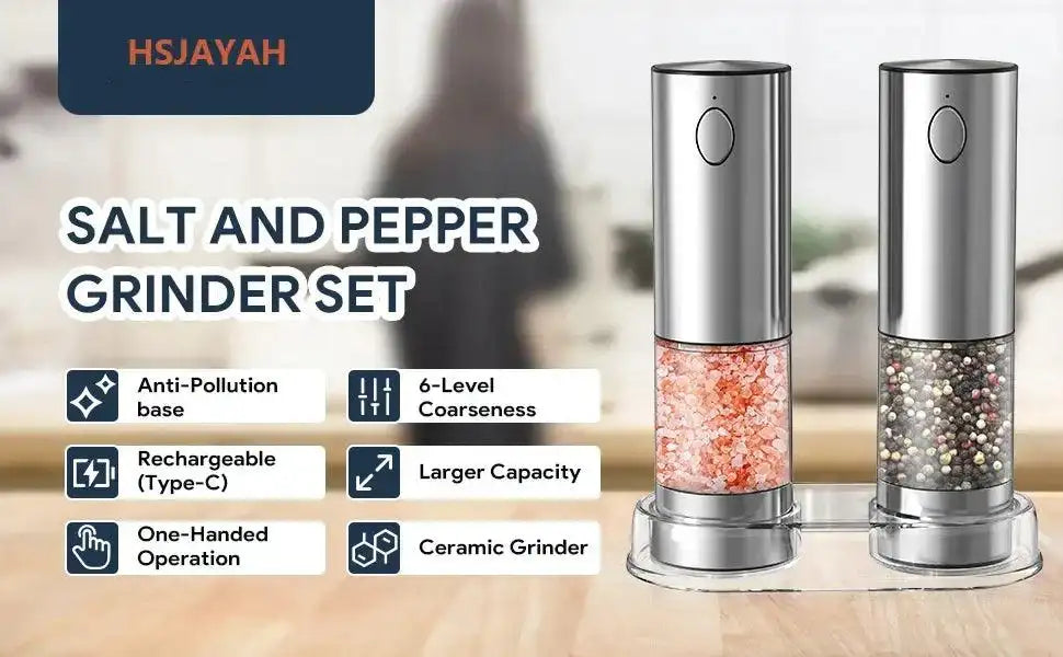 Electric Salt & Pepper Grinder Set – USB Rechargeable with LED Light & Adjustable Grind - PulinGO