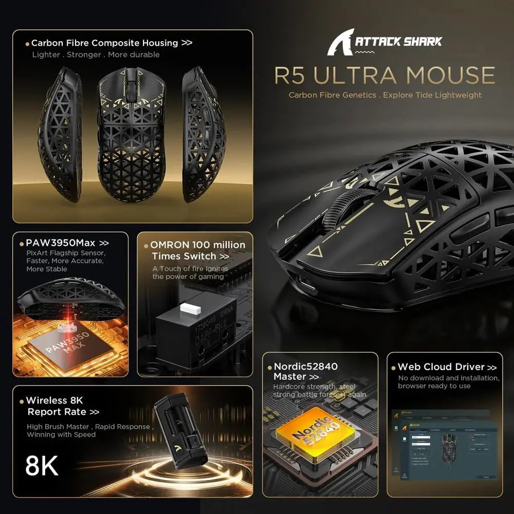 MambaSnake X Attack Shark R5 Ultra Wireless Gaming Mouse – 39g Superlight Carbon Fiber with Hollowed-Out Design