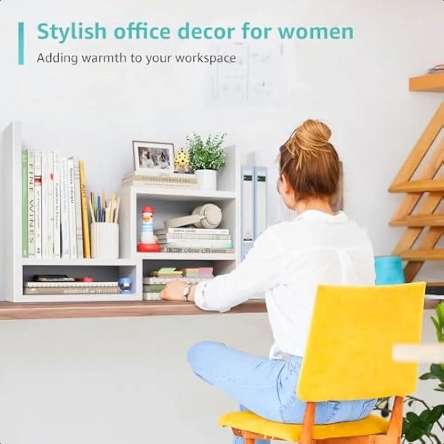 📂 Desktop File Organizer Shelf – White Desk Organizer for Office Supplies, Books & Accessories with Corner Storage Design