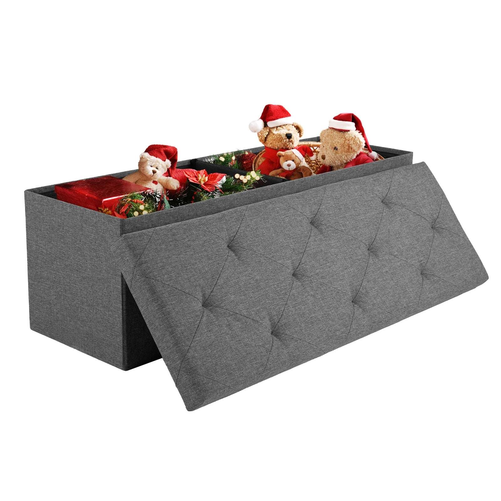 Hidden Storage Footstool Toy Box Bench – Linen Fabric 2-in-1 Ottoman for Living Room & Bedroom