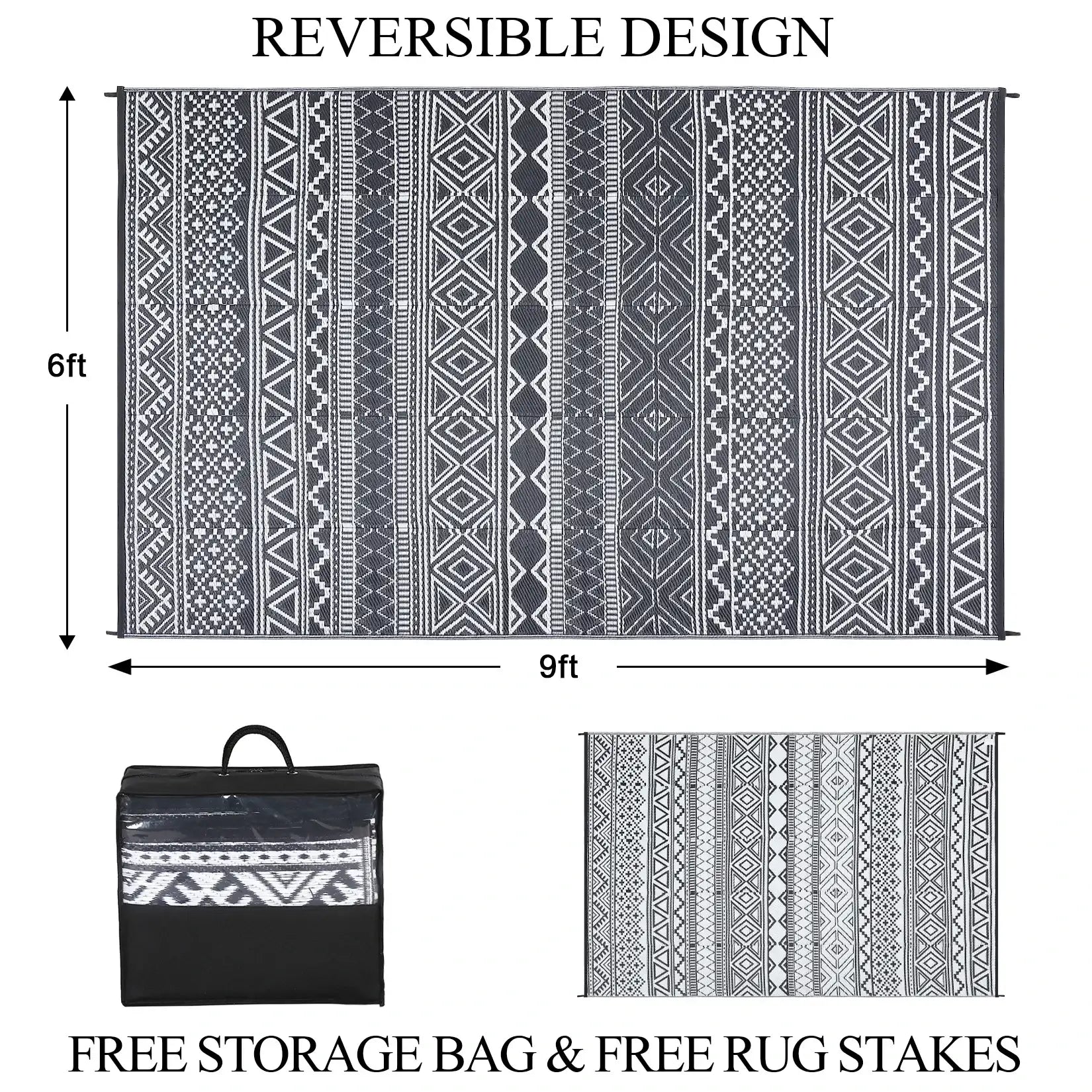 5x8 Outdoor Waterproof Reversible Patio Rug – Boho Plastic RV Camping Rug for Porch, Balcony, Backyard & Picnic
