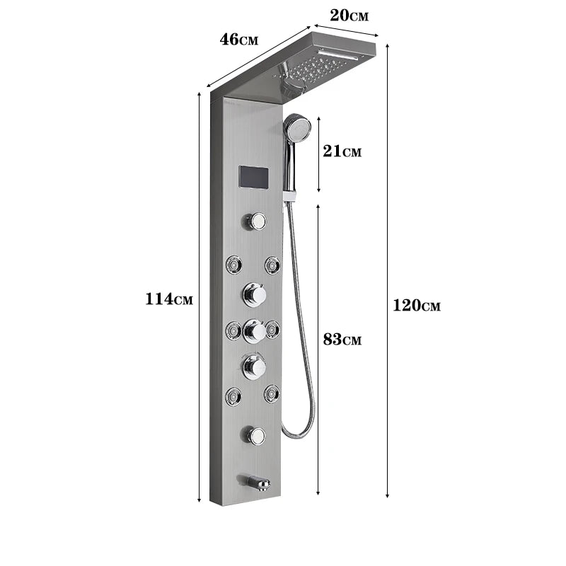 LED Light Rainfall Shower Panel System – Thermostatic Mixer Tap with Massage Jets & Digital Temperature Screen