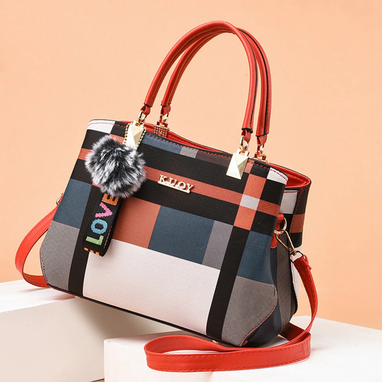 Elegant designer women’s handbag – PU leather crossbody messenger bag with top-handle tote design & fluffy keychain accessory