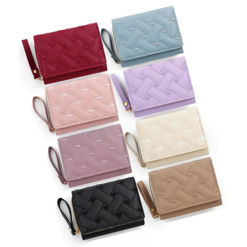 Women’s Heart Embroidered Short Wallet – Triple Fold PU Leather Purse with Multi-Card Slots & Large Capacity