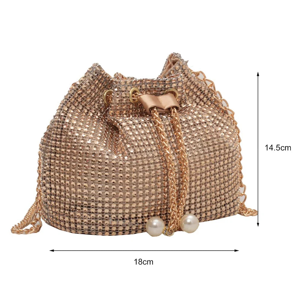 Women’s Luxury Rhinestone Bucket Bag – Glittering Drawstring Shoulder & Crossbody Satchel, Solid Color Fashion Dating Purse