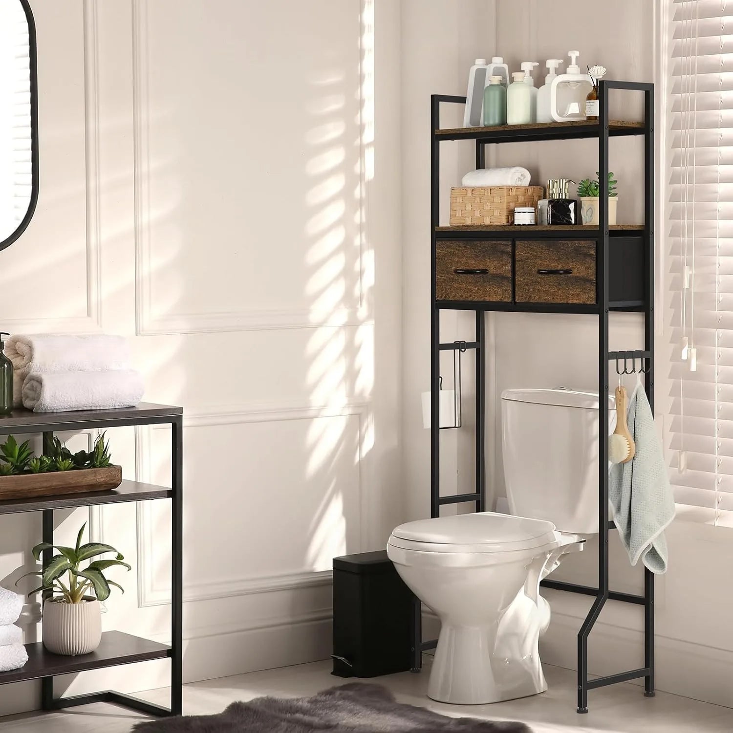 Over-Toilet Storage Cabinet with Fabric Drawers – Space-Saving Freestanding Organizer, Rustic Brown