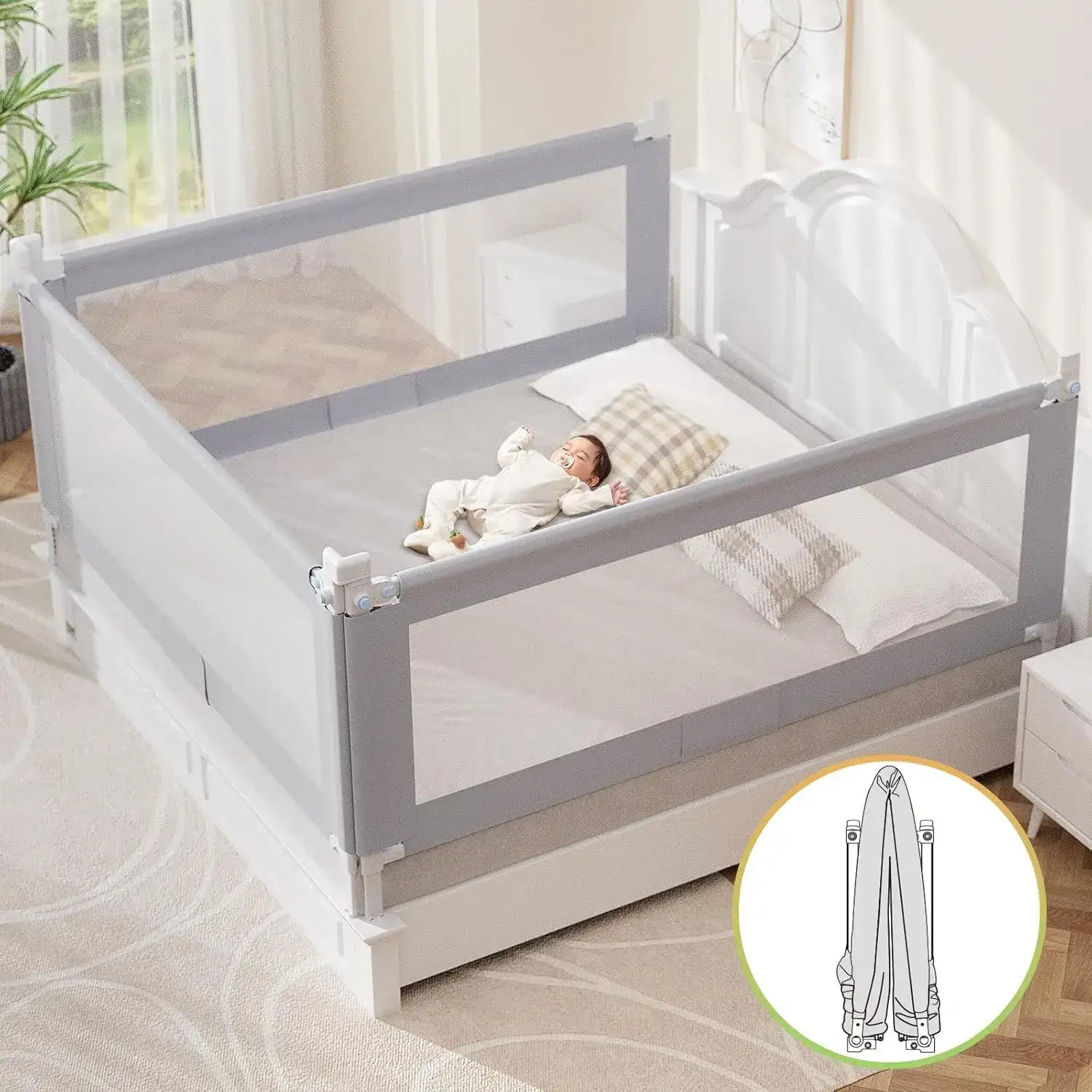 OMZER Bed Guard Rail for Toddlers – Foldable Baby Bed Rail Guard with Child-Lock & Height Adjustable Safety Rails