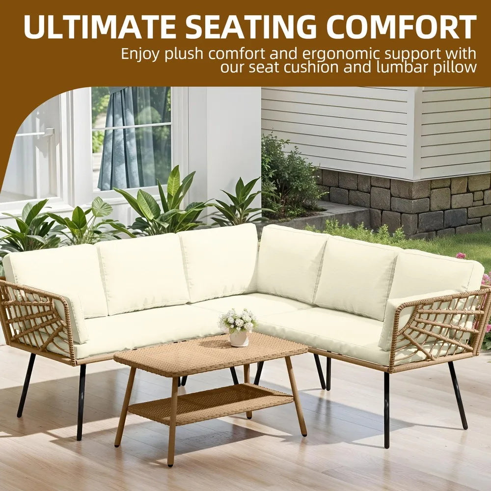4-Piece L-Shaped Rattan Wicker Patio Furniture Set – Modern Sectional Outdoor Conversation Sofa