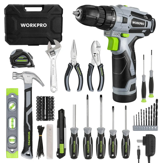 WORKPRO 108-Piece Home Tool Kit with 12 V Electric Drill/Driver & 3/8″ Keyless Chuck