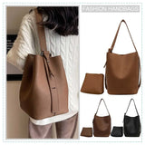 Women’s Large-Capacity Bucket Shoulder Bag with Matching Clutch – Adjustable Strap, Solid Color Minimal Style