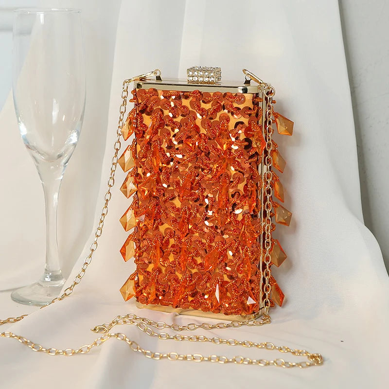 Women’s Luxury Rhinestone Clutch – Gold Party Evening Purse with Glass Crystals, Mini Square Handbag & Tassel Detailing
