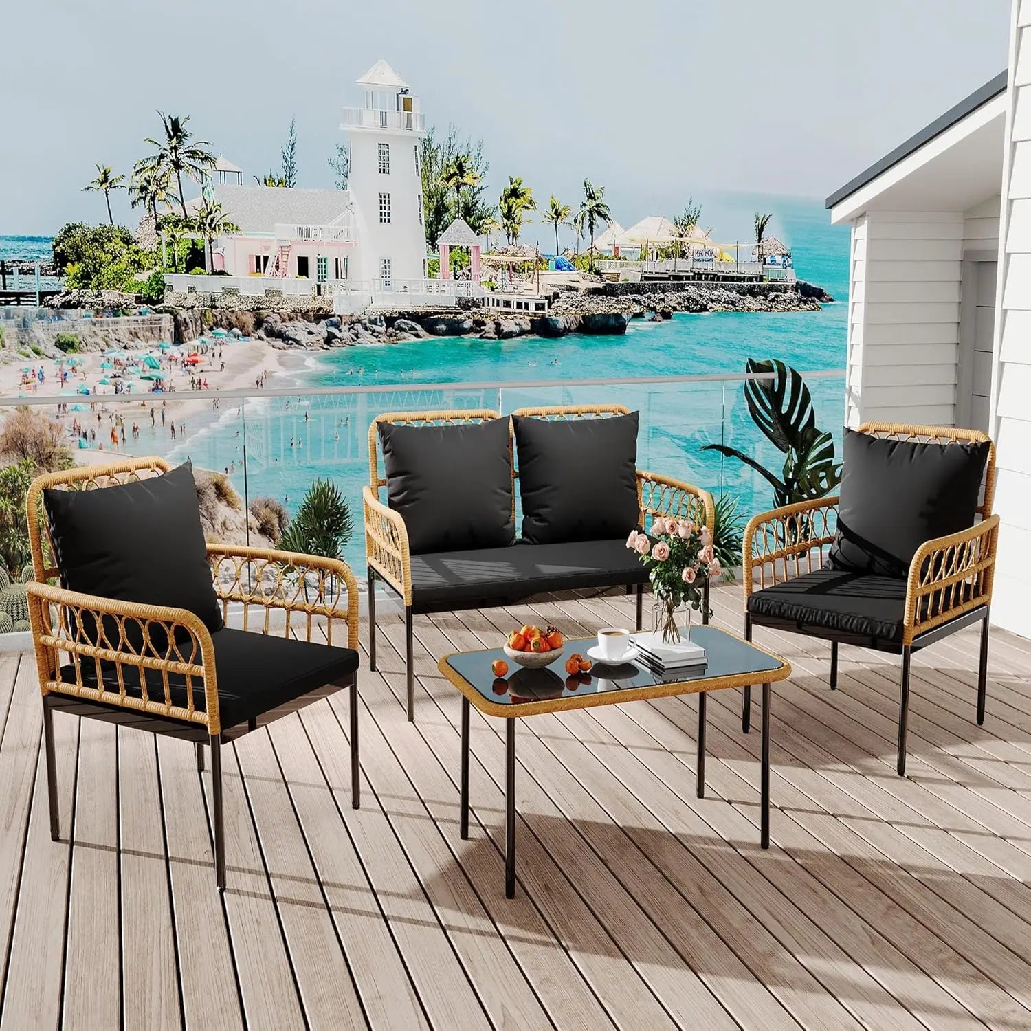 “4-Piece Outdoor Patio Furniture Set – Rattan Balcony Set with Chaise Lounge, 2 Armchairs & Coffee Table”