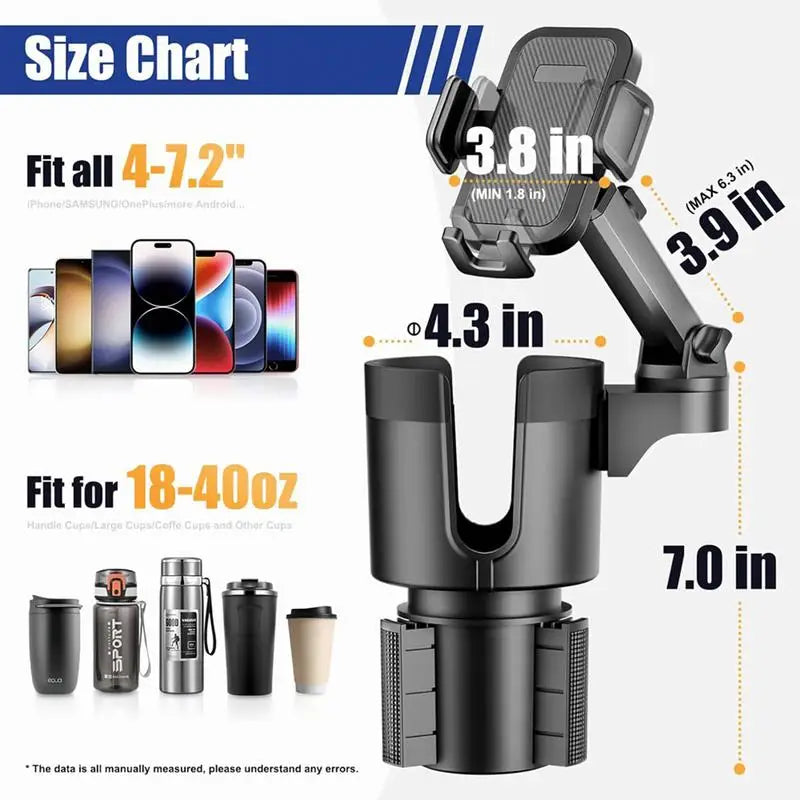 2-in-1 car phone & cup holder – adjustable mount expander drink holder with cell phone stand for cars, SUVs & trucks