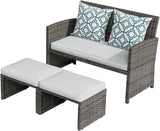 3-Piece Casual Patio Furniture Set – Gray Rattan Loveseat with Ottomans & White Cushions | Outdoor Wicker Conversation Set for Porch & Garden