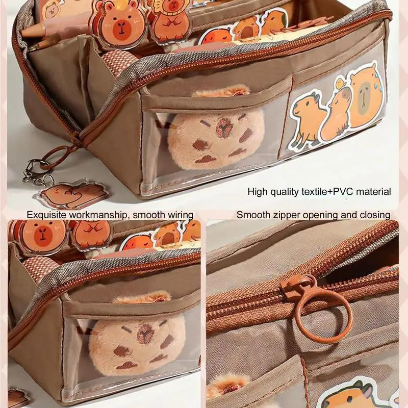 Capybara Pencil Case – Waterproof Plush Pencil Pouch with Cute Pins