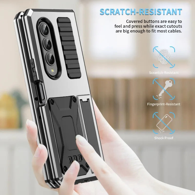 Heavy Duty Armor Metal Aluminum Case – Shockproof Military Stand Cover with Screen Protector for Samsung Z Fold 4