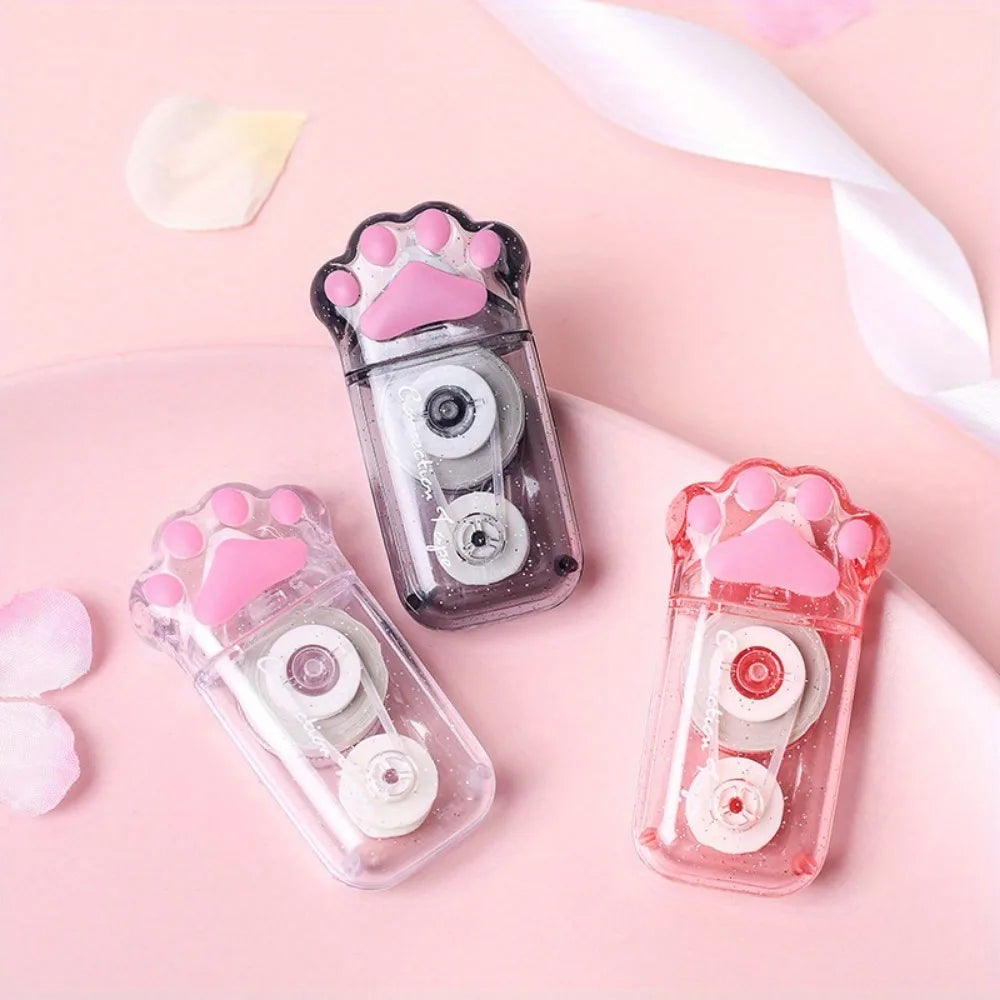 3-Piece Cute Cat Paw Correction Tape Set – White-Out Roller for School & Office