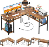 Modern L-Shaped Desk with LED Lights & Power Outlet – Reversible Corner Computer Table with Monitor Stand & Storage Shelf