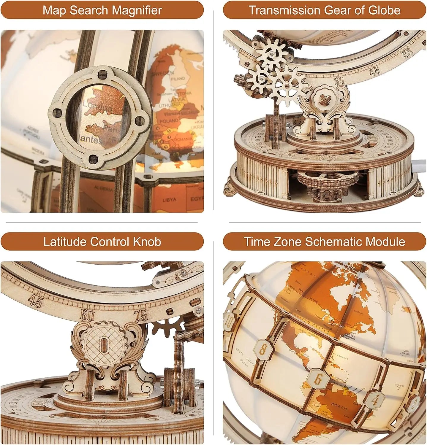 “Robotime ROKR Luminous World – 3D Wooden Puzzle Model Kit with LED Light & Rotating Base, DIY Construction Gift”