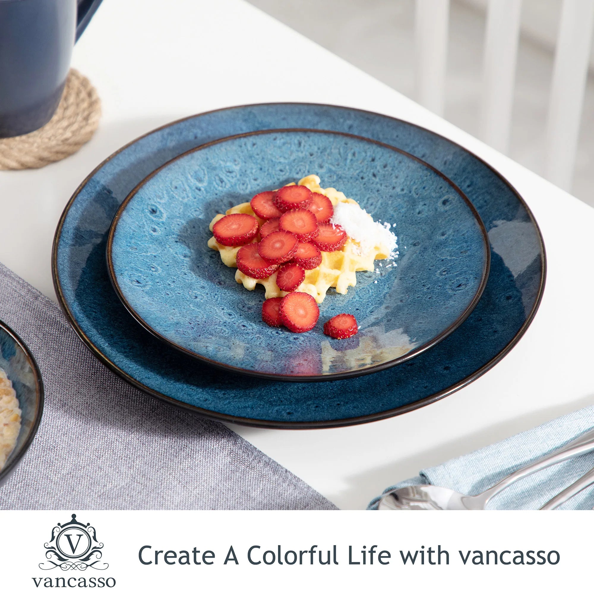 Vancasso Bubble 16/32/48-Piece Stoneware Tableware Set – Vintage Blue/Brown with Dinner Plates, Bowls & Coffee Cups