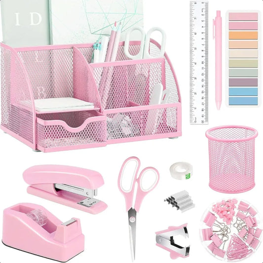 12-Piece Pink Office Desk Accessories Set – Tape Dispenser, Stapler & Organizer