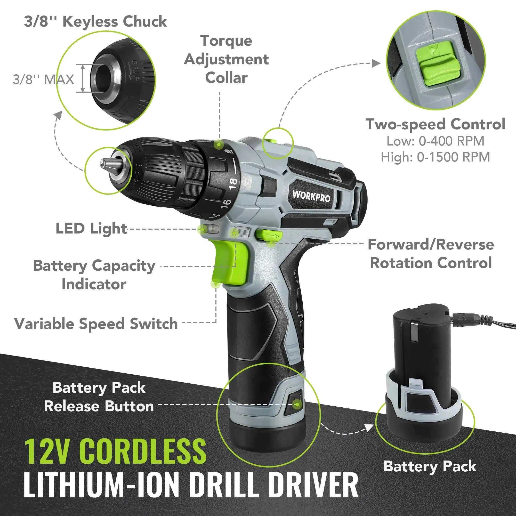 WORKPRO 108-Piece Home Tool Kit with 12 V Electric Drill/Driver & 3/8″ Keyless Chuck