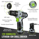 WORKPRO 108-Piece Home Tool Kit with 12 V Electric Drill/Driver & 3/8″ Keyless Chuck