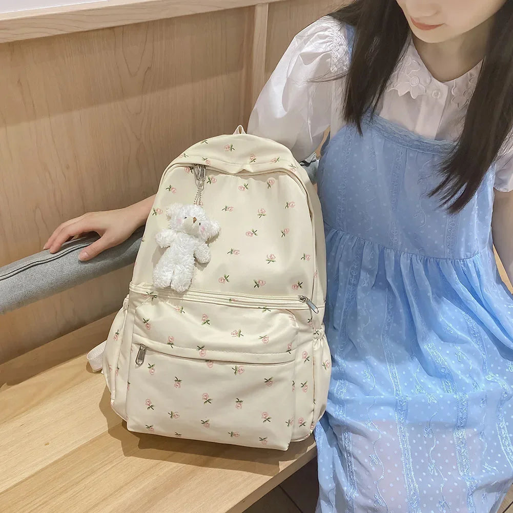 Floral Print Aesthetic Backpack with Pendant – College & School Bookbag for Students and Travel