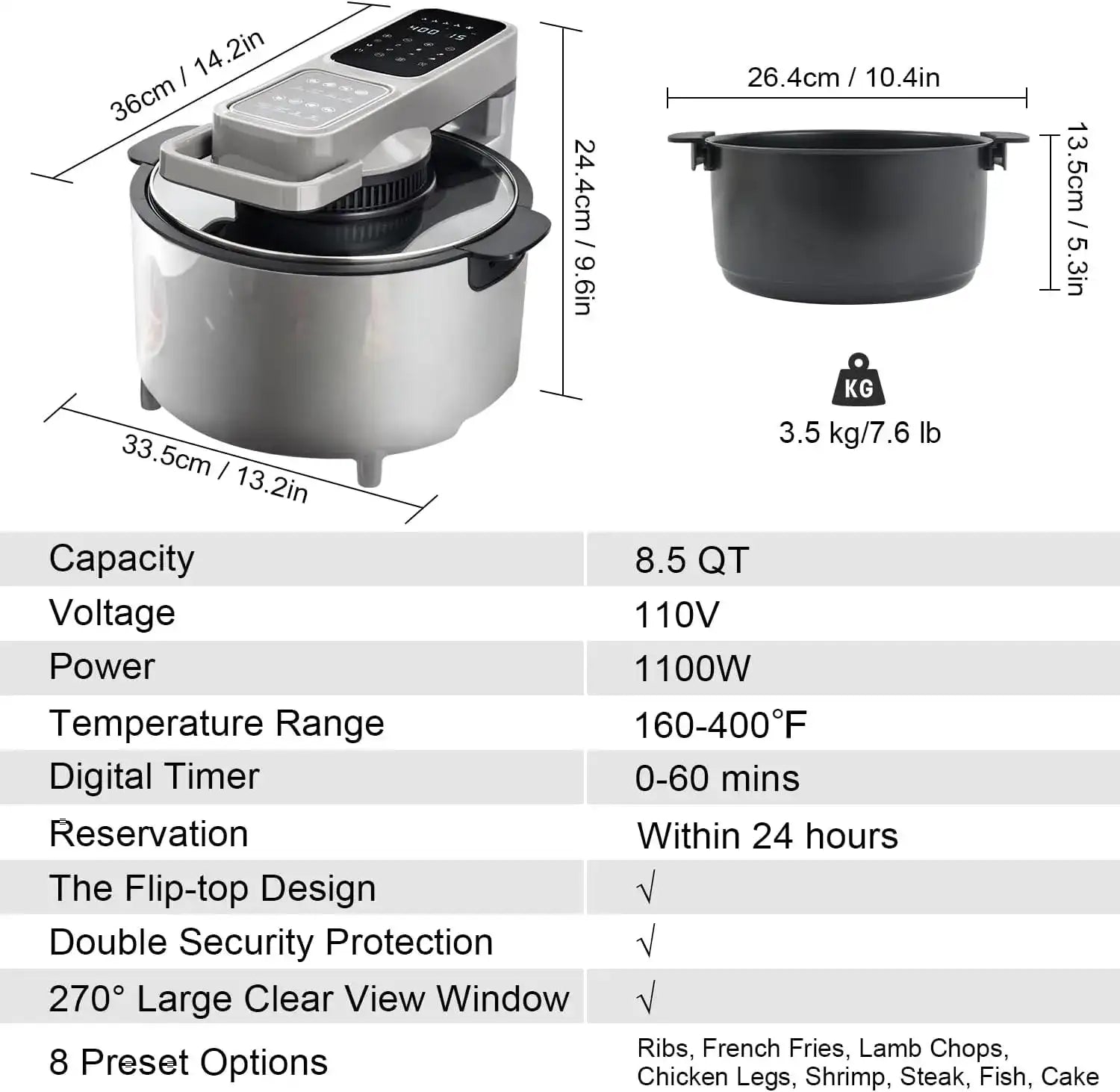 8.5 QT Large Capacity Air Fryer with Clear-View Window – Family Size Non-Stick Basket
