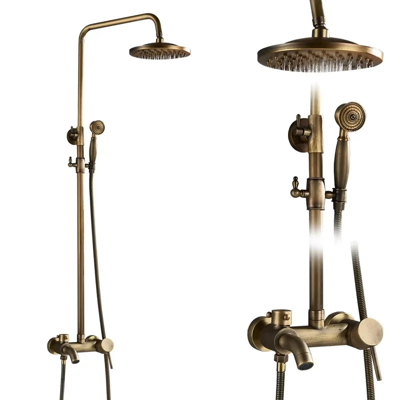 Antique Brass Shower Faucet Set – Wall-Mounted Rainfall Head with Dual Handles Hot & Cold Mixer Tap
