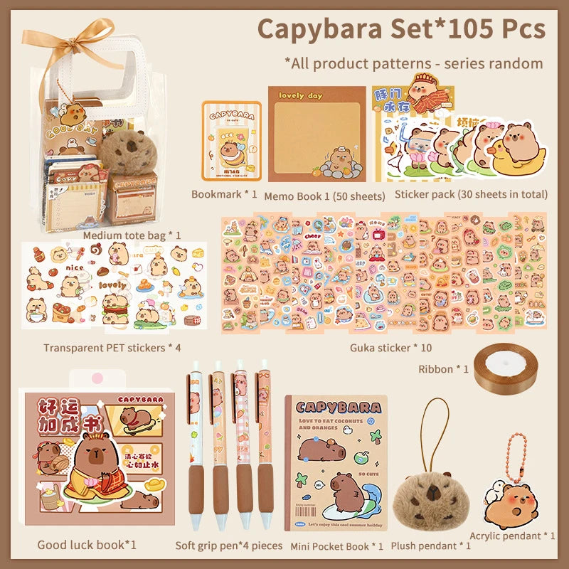 Kawaii Capybara Cartoon Stationery Set with Cute Handbag for School, Office & Gift Use